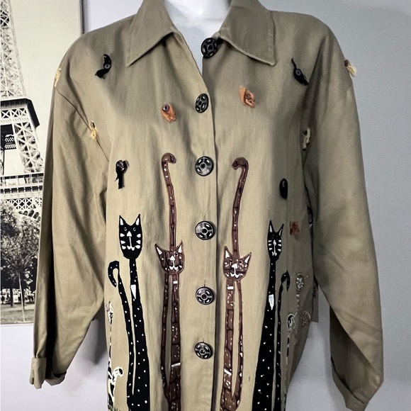 New Directions Beige Cat Embellished Trench Coat - Picture 6 of 9